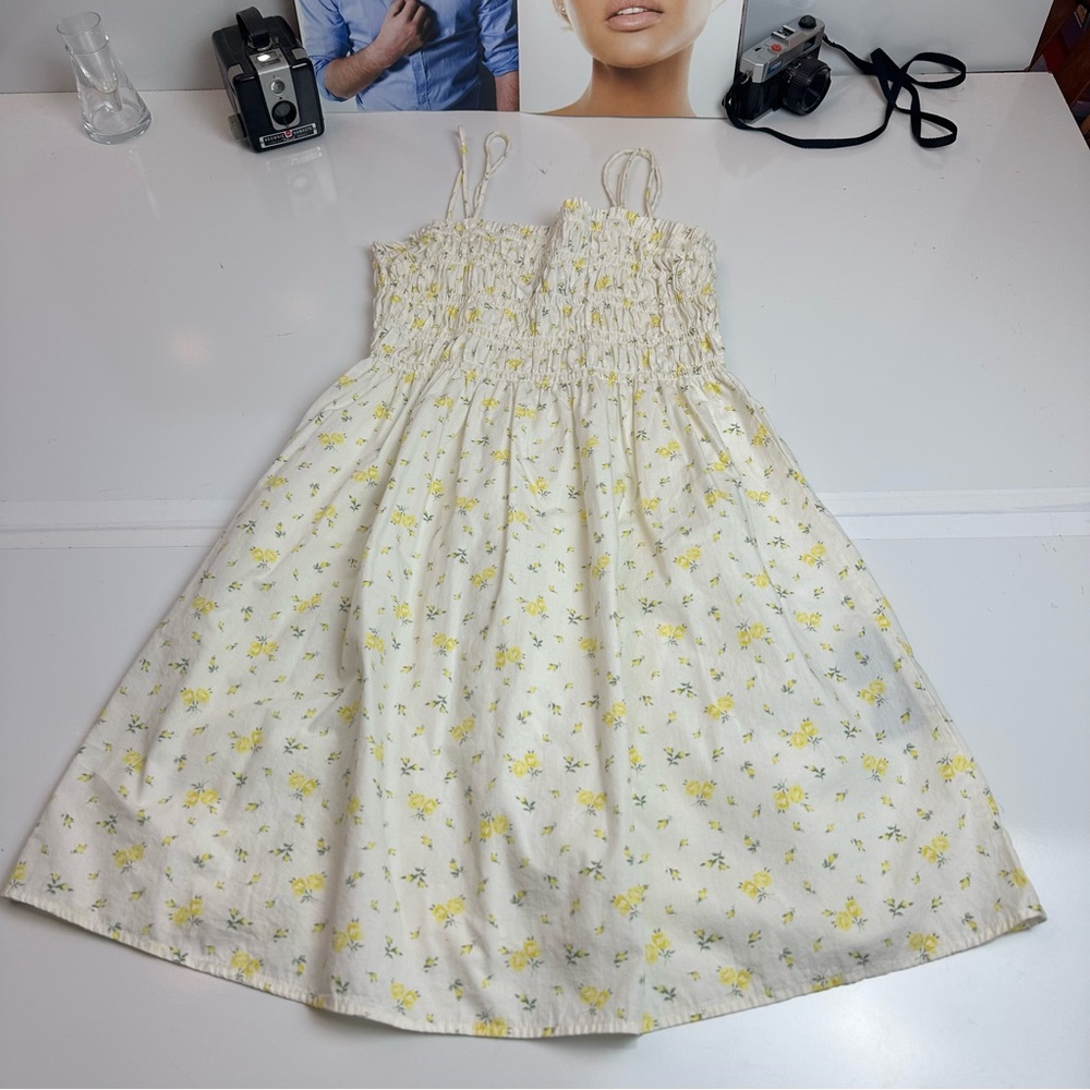 H&M Cotton Smocked Floral Sundress | White & Yellow ·Cottagecore Summer Capsule